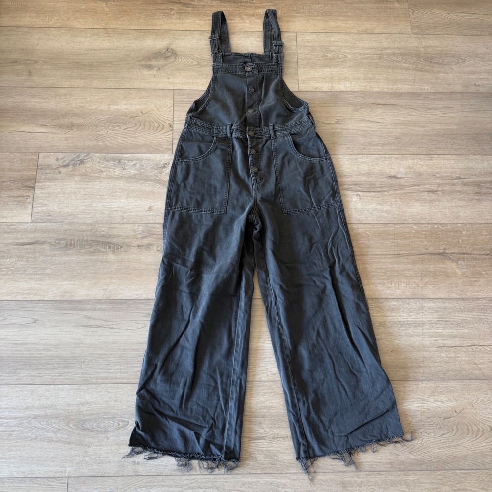 Aerie Skater Wide Leg Denim Overalls Smoked Gray Button Front Raw Hem WM Med EUC